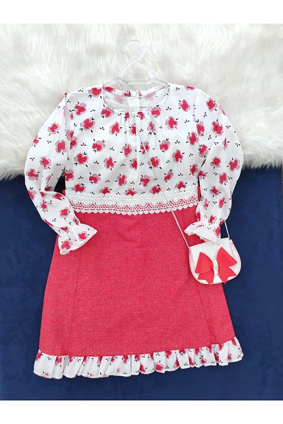 Kerimino Floral Crepe Girl's Dress with Bag
