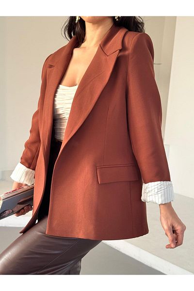 Moda İkra Women's Lined Blazer Jacket with Striped Fold Detail on the Sleeve