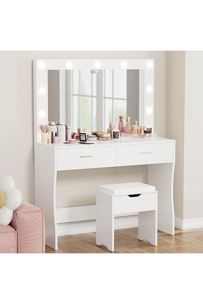 sharpdo Bedroom Makeup Dressing Table with 2 Drawer,3 Lighting Modes and Adjustable Brightness 90*40*134CM