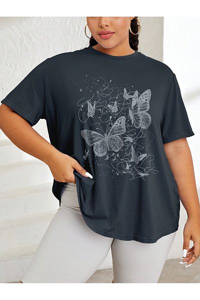 JANSO GROUP - Women's Plus Size Butterfly Printed Short Sleeve Tshir Oversize Cotton Fabric