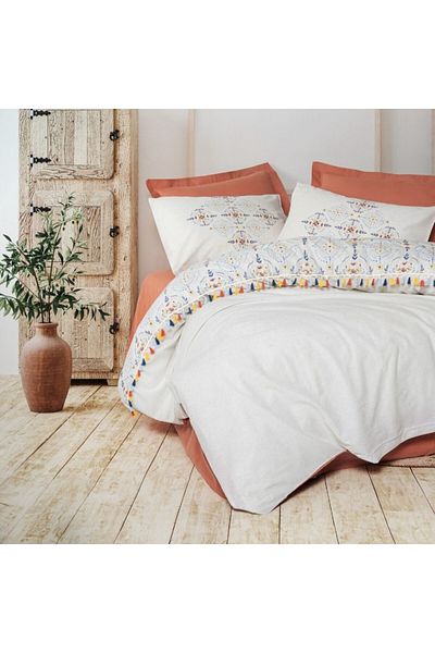 Cotton Box Single bed linen with tassels, 100% cotton ranforce, Cotton Box, Milis Tile Red