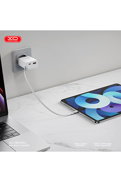 Xo 30W Çift Portlu Hızlı Şarj Adaptörü CE31,Dahili USB-C Kablo,USB-A & USB-C Portları,Çekilebilir USB-C