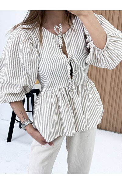 King Brothers Γυναικεία μπλούζα ποπλίνα φιόγκο μπεζ με μπαλόνι