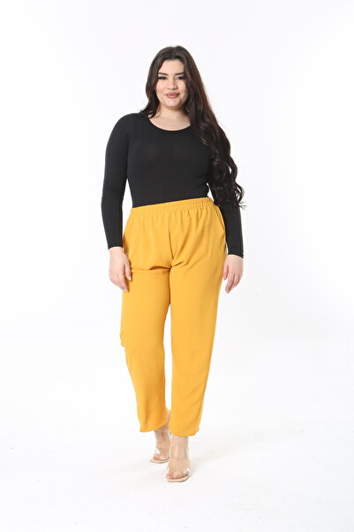 Şans Kadın Büyük Beden Hardal Beli Lastikli Yan Cepli Pantolon 65N38929