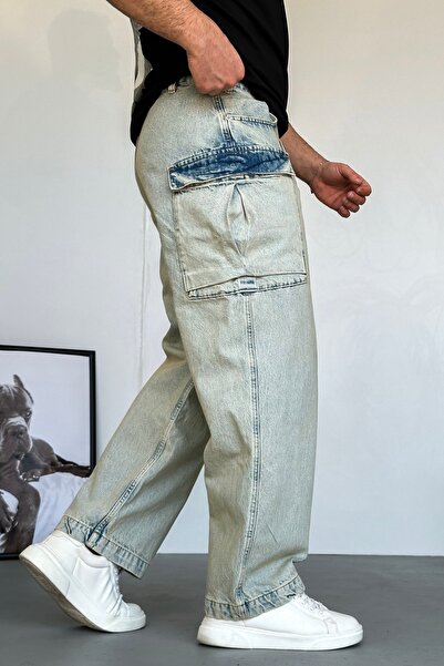 LUVEST ERKEK GENİŞ BAGGY KALIP CEPLİ MAVİ JEAN KOT PANTOLON