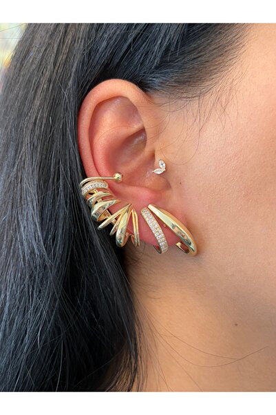 Lumiere Gold Zirkon Taşlı Çoklu Küpe