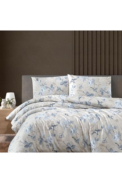 First Choice Beige bed linen with birds and flowers, 100% cotton ranforce, 4 pieces, fitted sheet with elastic, Ibiza