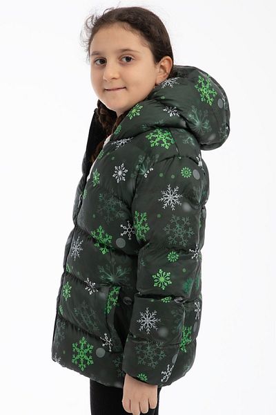 Montland Sports Girl's Coat - Black Green Digital Pattern, Hooded Winter