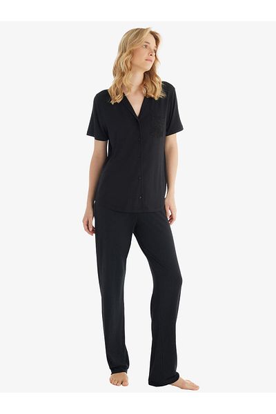Blackspade Women's Black Modal Pajama Set - Short Sleeve with Front Buttons