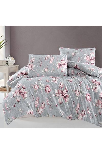 First Choice Gray bed linen with pink magnolias, 100% cotton ranforce, 4 pieces, fitted sheet with elastic, Marea