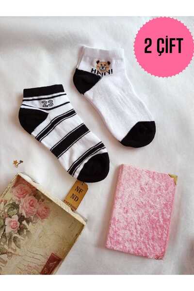 ENEFENDİ 2 Pairs of Booties Socks Seamless Toe Cotton Short Booties Patterned Women's Socks 36-40 Black White