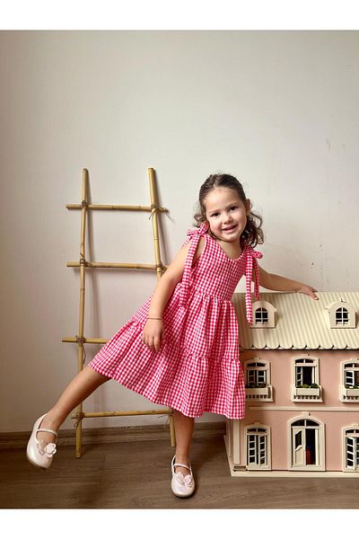 meqlife Fuchsia Gingham Patterned Strappy Dress Age 1-10