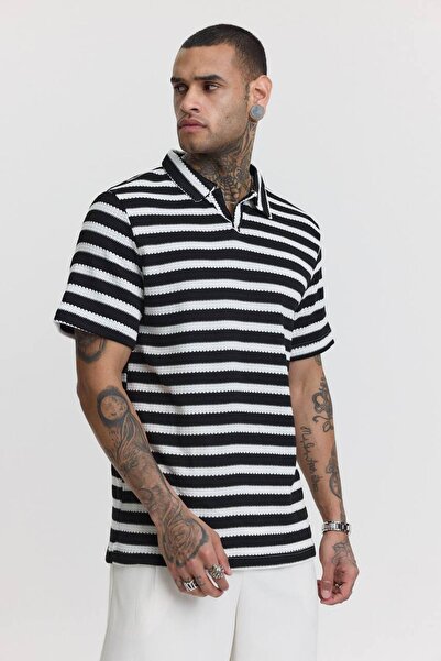 Fandr Store Erkek Siyah-Beyaz Standart Fit Polo Yaka Çizgili Triko Tshirt
