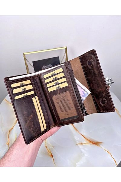Fil Deri Дамски портфейл с множество отделения от естествена кожа, шев и седларски шевове, 2095