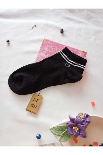 ENEFENDİ 2 Pairs of Toe Seamless Cotton Socks Short Toe Patterned Women's Booties Socks 36-40 Black White