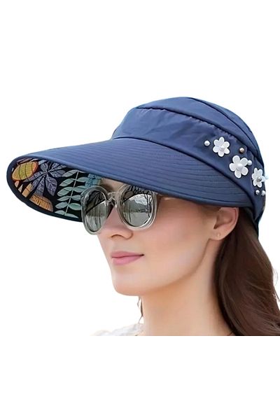 CosmoOutlet Navy Blue Color Visor Sun Hat with Flower and Pearl Bead Decoration Foldable Uv Protection