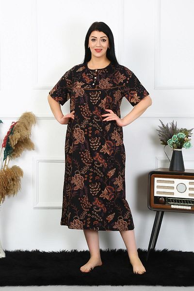 Celira Akbeniz Women's Large Size Short Sleeve Black Mother Nightgown 1375