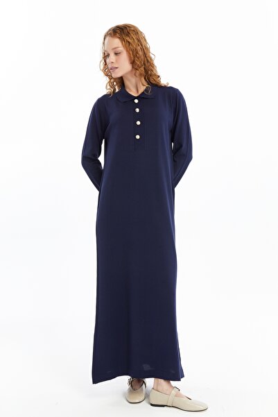 ilmek Жіноча сорочка з коміром, деталізована, з напіврозрізами, тонкий сезонний трикотаж з холодної пряжі, темно-синя