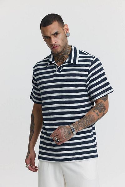 Fandr Store Men's Navy Blue-White Standard Fit Polo Neck Striped Knitwear Tshirt