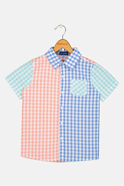 Andy & Evan قميص كاجوال مربعات بأكمام قصيرة وياقة منتشرة للأولاد الصغار، أزرق