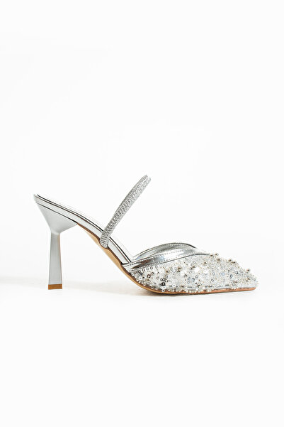Gökçe Shoes Alisa Gümüş Sedef fileli Pul Detay Kadın Topuklu Ayakkabı