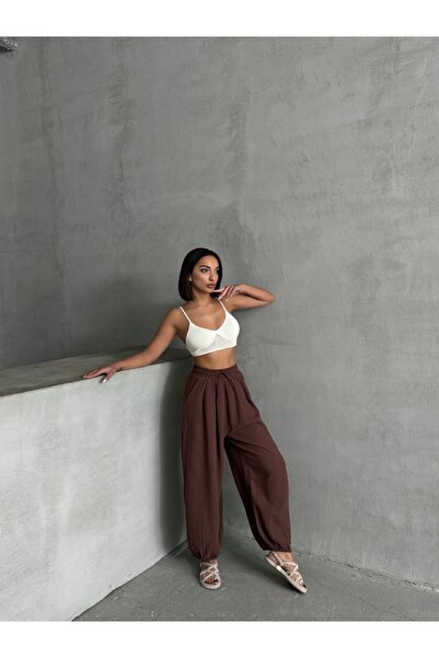 BEJNA Women's Brown Pocket Muslin Fabric Shalwar Trousers