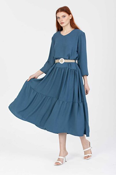 NAVY Μακρυμάνικο λινό φόρεμα με ζώνη