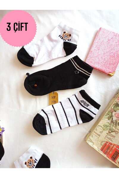 ENEFENDİ 3 Pairs of Seamless Socks Booties Soft Cotton Short Socks Patterned Women's Socks 36-40 Black White