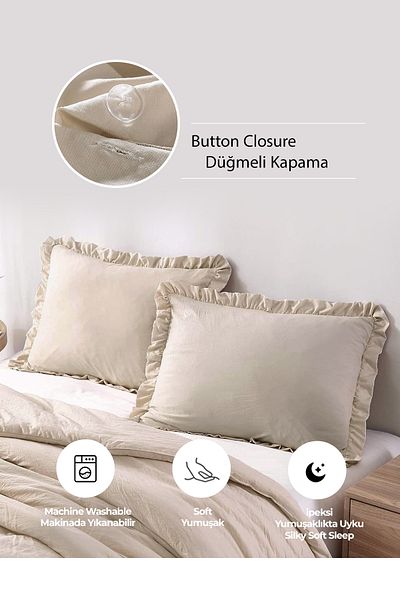 Evlen Home Collection Комплект от 4 пликчета за завивка с волани и памук, цвят „камък и камък“, цвят „Barella Soft Cappuccino“