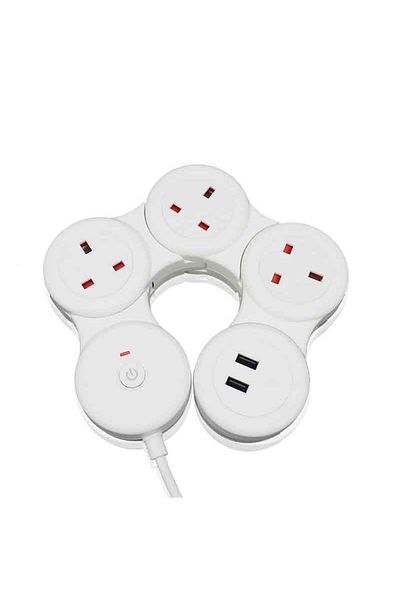 FlashHawk Adjustable 3-Ports UK Power Strip Extension Cord with 2 USB Ports 1.8m White