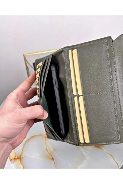 Fil Deri Genuine Leather Women's Green Wallet with Phone Compartment 2049