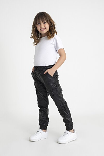 Neslice in İstanbul Kız Çocuk Siyah Kargo Cepli Deri Pantolon