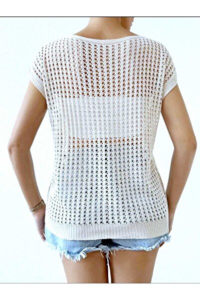 Gülçin Coşkun Boat Neck Openwork Pattern Off Shoulder 100% Cotton Women's Knitwear Sweater