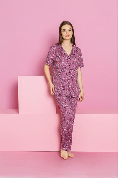aytenli Shirt Collar Buttoned Short Sleeve Letter Printed Lycra Loose Milan Fabric Pajama Set