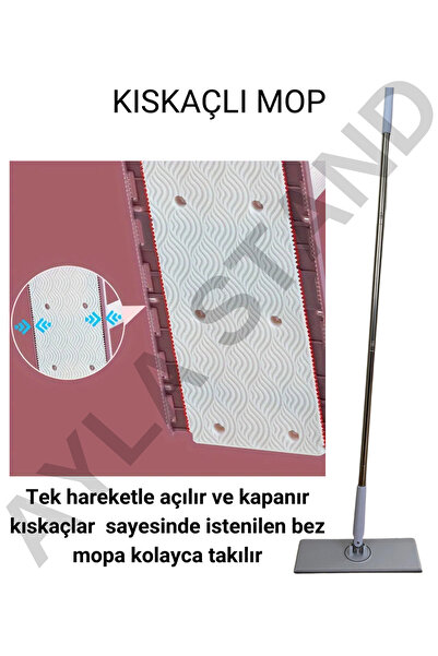 AYLA STAND Kıskaçlı Mop - Pratik Mop - İstenilen Bez ile İstenilen Yüzeyde Za...