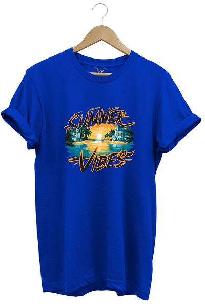 WİDİ Summer Vibes Printed Summer Vacation Sea 100% βαμβακερό μπλουζάκι με κανονική εφαρμογή Crew λαιμόκοψη