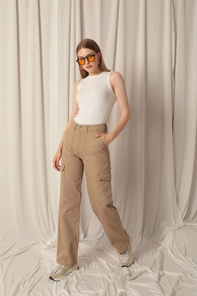 Lukas Denim Fabric Women's Beige Trousers with Cargo Pockets