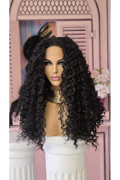 LOLLY PONY شعر مستعار صناعي من الألياف الكورية باللون الأسود الطبيعي مجعد من التول الأمامي