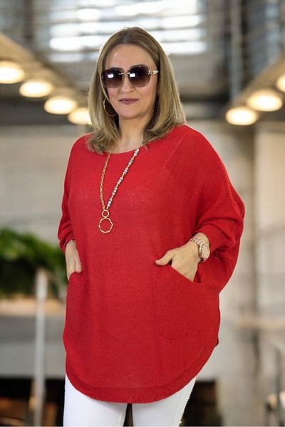 yagmurberen Bat Sleeve Double Pocket Boat Neck Oval Cut Large Size Italian Mercerized Bluz Sweater.