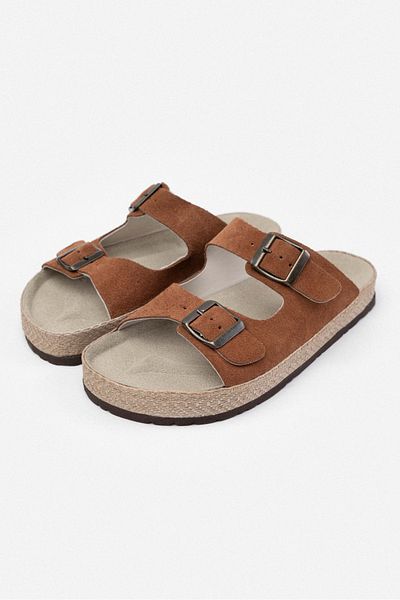 NİŞANTAŞI SHOES Sarrah Tan Genuine Suede Double Buckle Detailed Flat Sole Women's Slippers