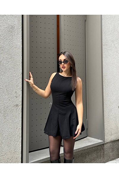 MY LİKA Scuba Krep Kumaş  Eteği Volanlı Pileli Kloş Mini Elbise