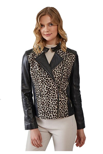 Deriderim Siyah Leopar Kadın Astarlı Biker Hakiki Deri Ceket