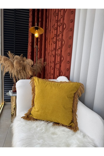 AYDINDOKUMA Ruby Tasseled Velvet Fabric Throw Pillow Cover Fringed Gold