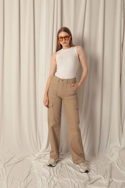 Lukas Denim Fabric Women's Beige Trousers with Cargo Pockets