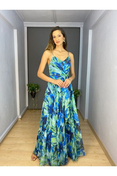 gökkuşagı moda Sax Ucuş Ucuş Desenli Şifon İnce Askılı Yırtmaçlı Uzun Abiye