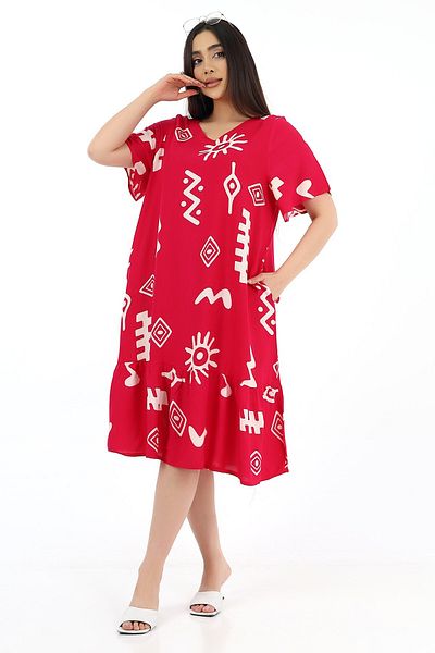 SCHIK Rochie de damă din viscoză cu jumătate de mânecă, cu decolteu în V, cu buzunare, roșie