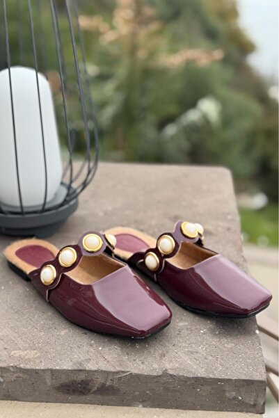 Melissa Boutique Women's Burgundy Patent Leather Pearl Detailed Soft Sole Ballerina Slippers