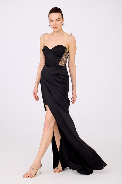Carmen Rochie de seara lunga cu legat din satin negru si rochie de invitatie