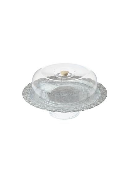 Byblos Turkish Glass Cake Plate With Acrylic Cover Silver Color