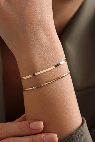 Bayar Gold 14 Ayar Altın Balıksırtı Ezme Kombin Bileklik